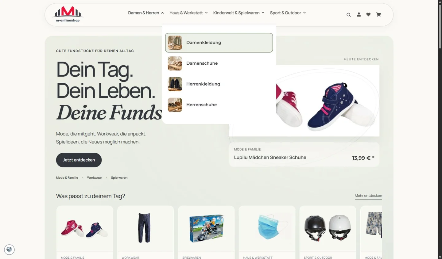 Geöffnete Desktop-Navigation des veröffentlichten M-OnlineShops mit bebilderten Unterkategorien