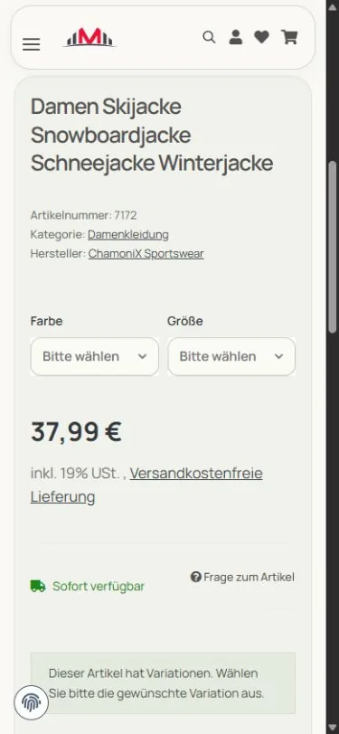 Aktuelle mobile Produktseite der Damen-Skijacke